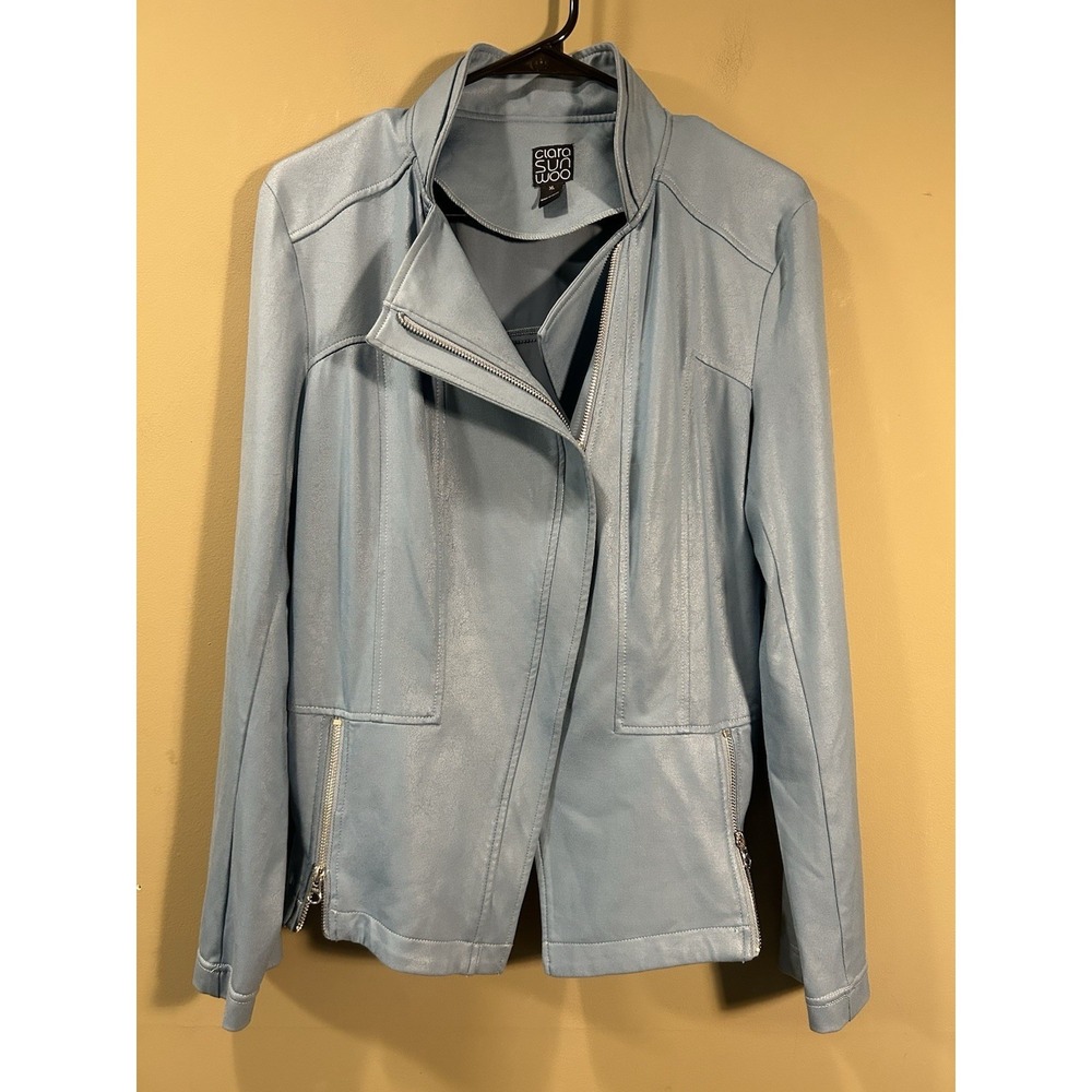 Clara Sun Woo Womens Liquid Faux Leather Moto Jacket Sz XL Assymetrical Blue